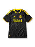 Liverpool 2010-11 away jersey, front view, black body with tonal diamond pattern, yellow adidas three-stripe shoulder detailing, yellow crew neck collar, adidas logo, club crest, Standard Chartered sponsor logo, TechFit label