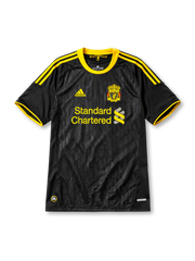 Liverpool 2010-11 away jersey, front view, black body with tonal diamond pattern, yellow adidas three-stripe shoulder detailing, yellow crew neck collar, adidas logo, club crest, Standard Chartered sponsor logo, TechFit label