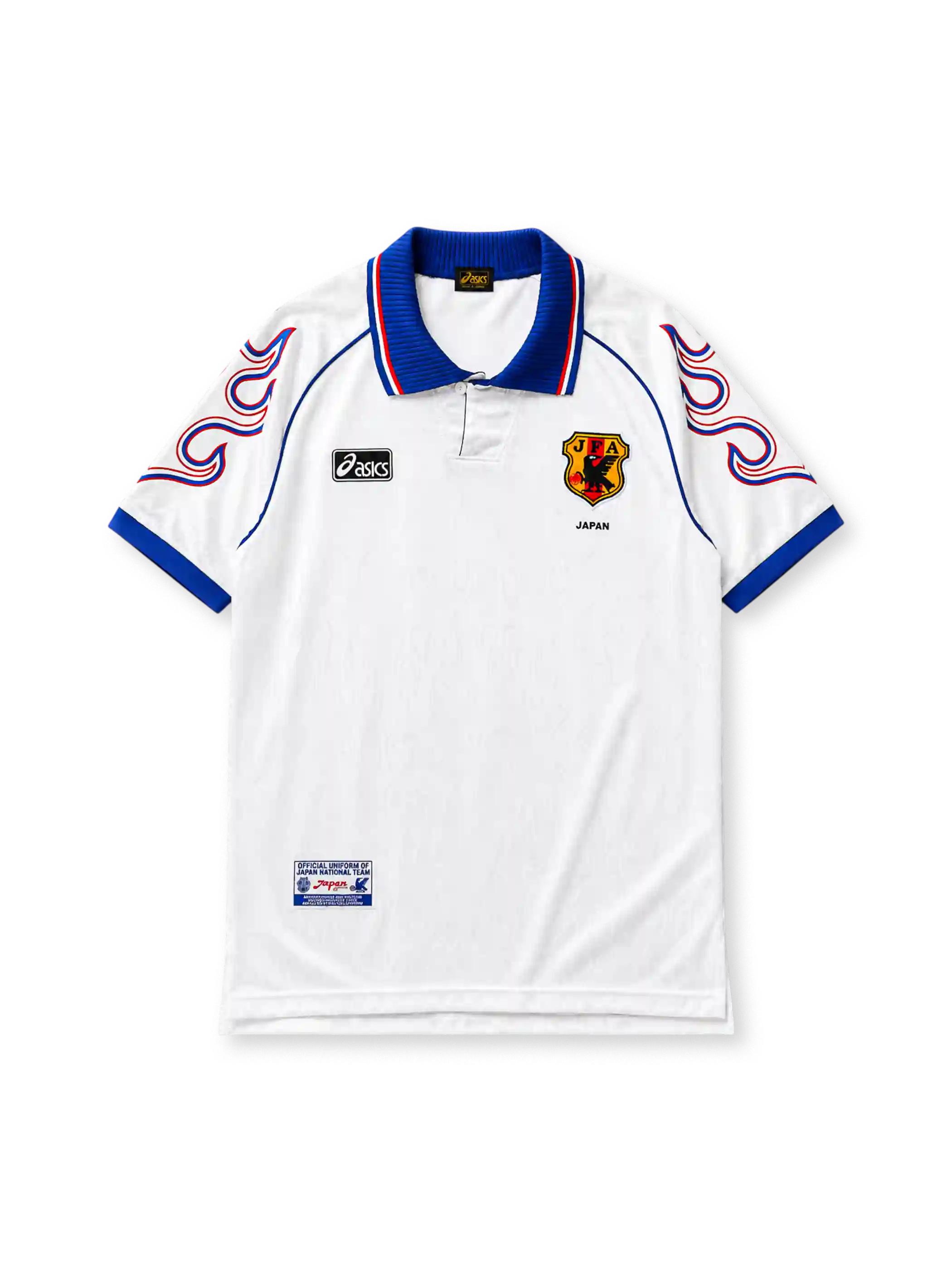 Japan 1998 World Cup away jersey, front view, white body with flame graphic sleeves, blue point collar with red and white stripes, asics logo, JFA crest with golden eagle, Japan text
