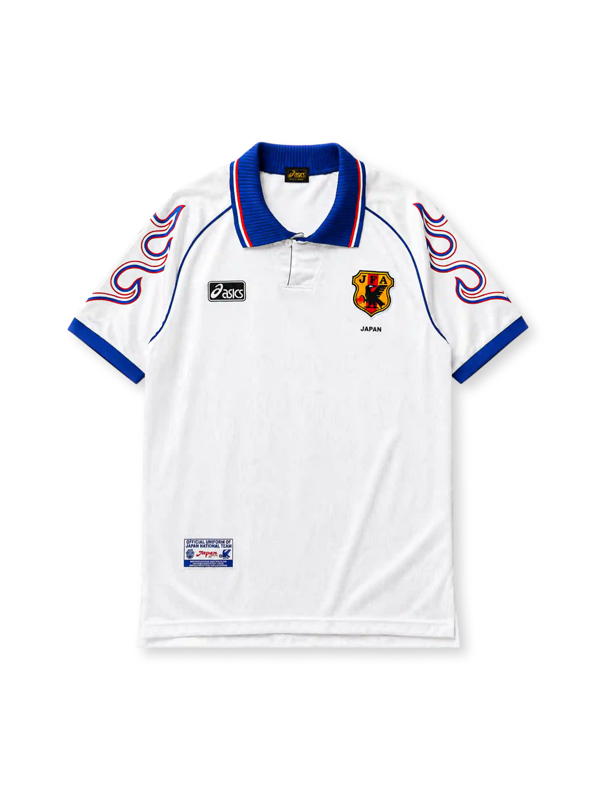 Japan 1998 World Cup away jersey, front view, white body with flame graphic sleeves, blue point collar with red and white stripes, asics logo, JFA crest with golden eagle, Japan text