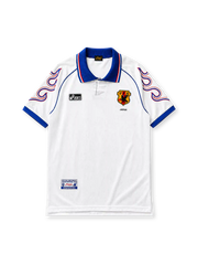 Japan 1998 World Cup away jersey, front view, white body with flame graphic sleeves, blue point collar with red and white stripes, asics logo, JFA crest with golden eagle, Japan text