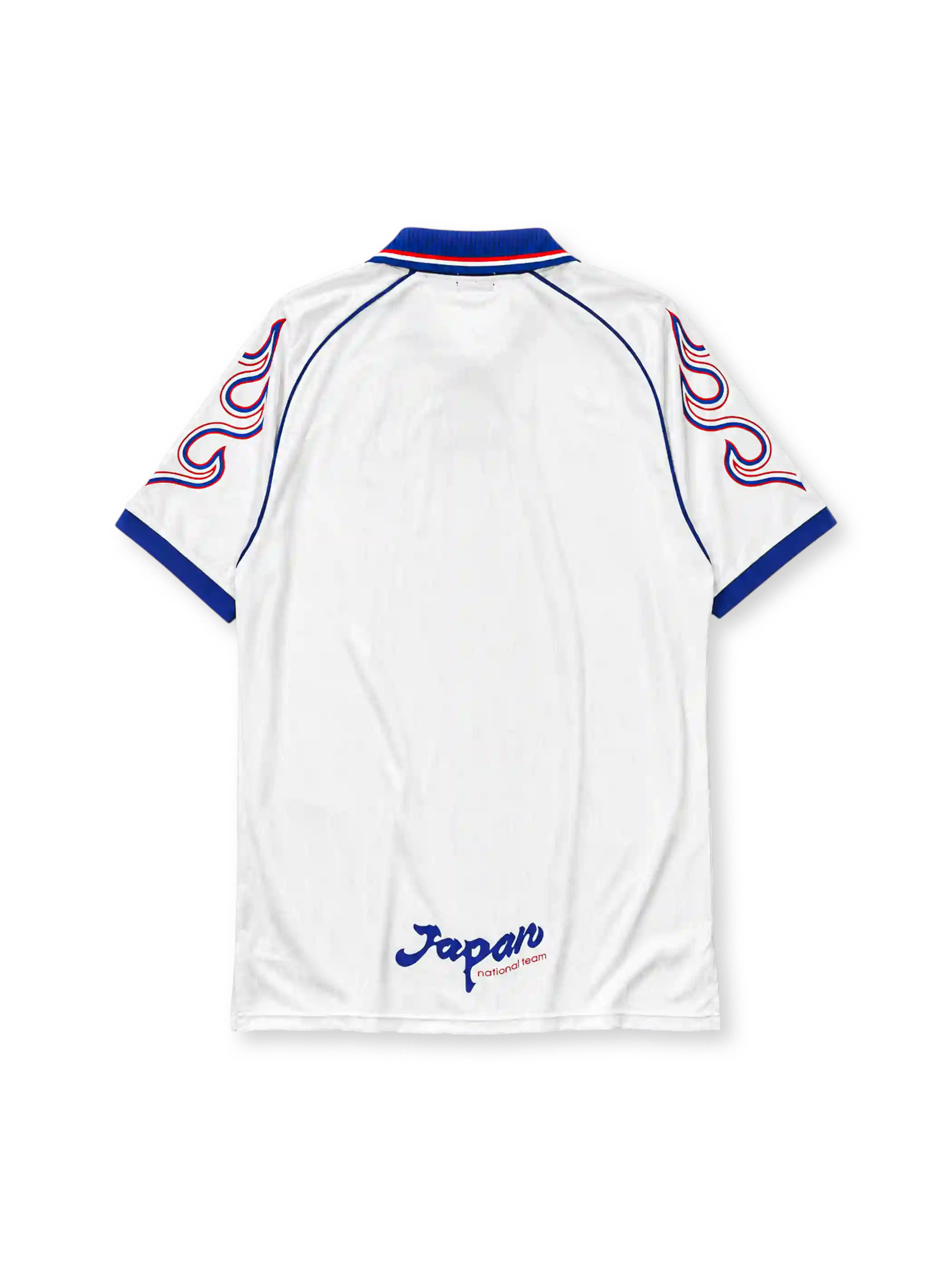 Japan 1998 World Cup away jersey, front view, white body with flame graphic sleeves, blue point collar with red and white stripes, asics logo, JFA crest with golden eagle, Japan text