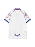 Japan 1998 World Cup away jersey, front view, white body with flame graphic sleeves, blue point collar with red and white stripes, asics logo, JFA crest with golden eagle, Japan text