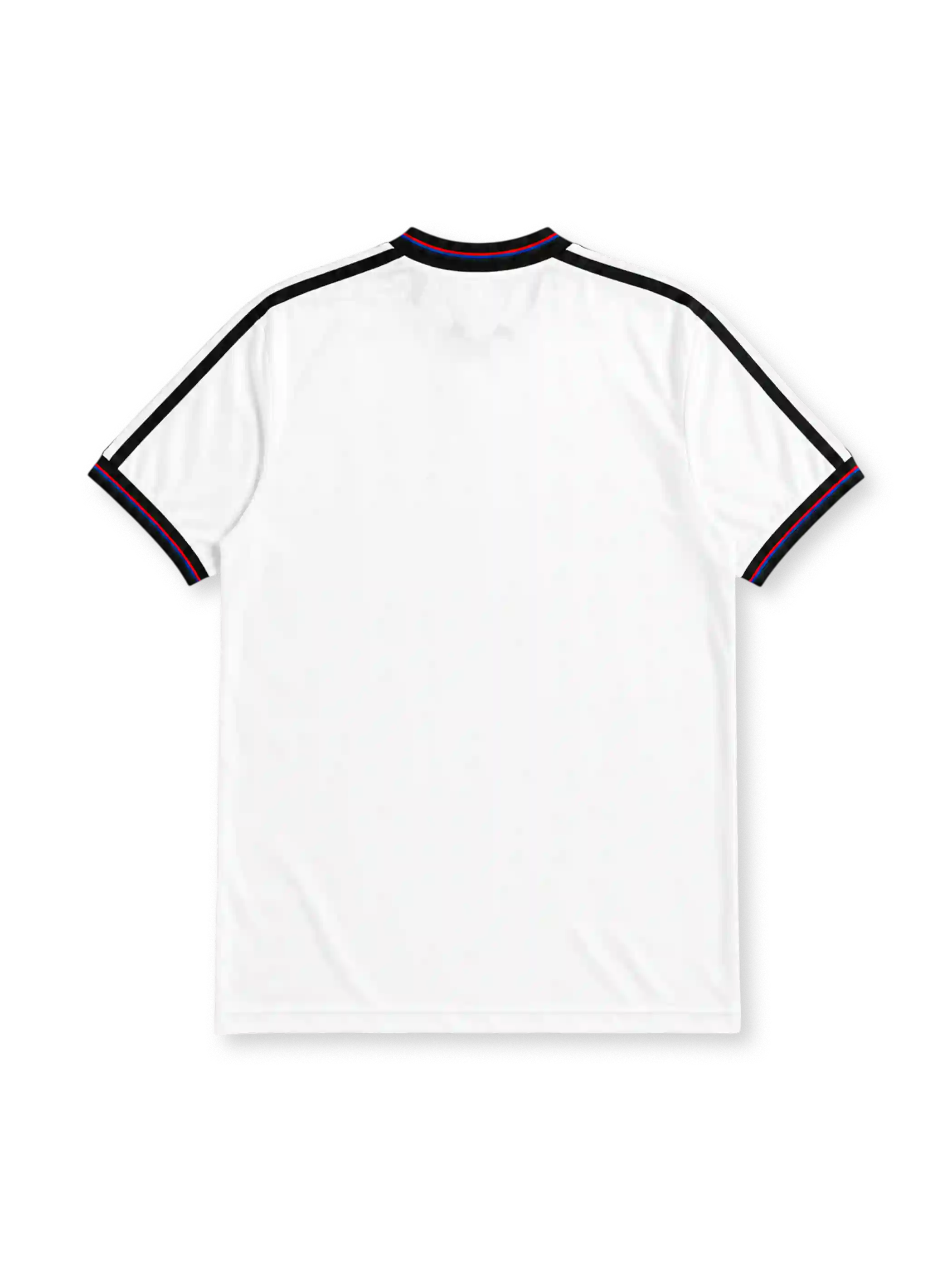 Bayern Munich 1996-98 away jersey, front view, white body with blue and red vertical stripe, black adidas three-stripe shoulder detailing, V-neck collar, adidas logo, club crest, Opel sponsor logo