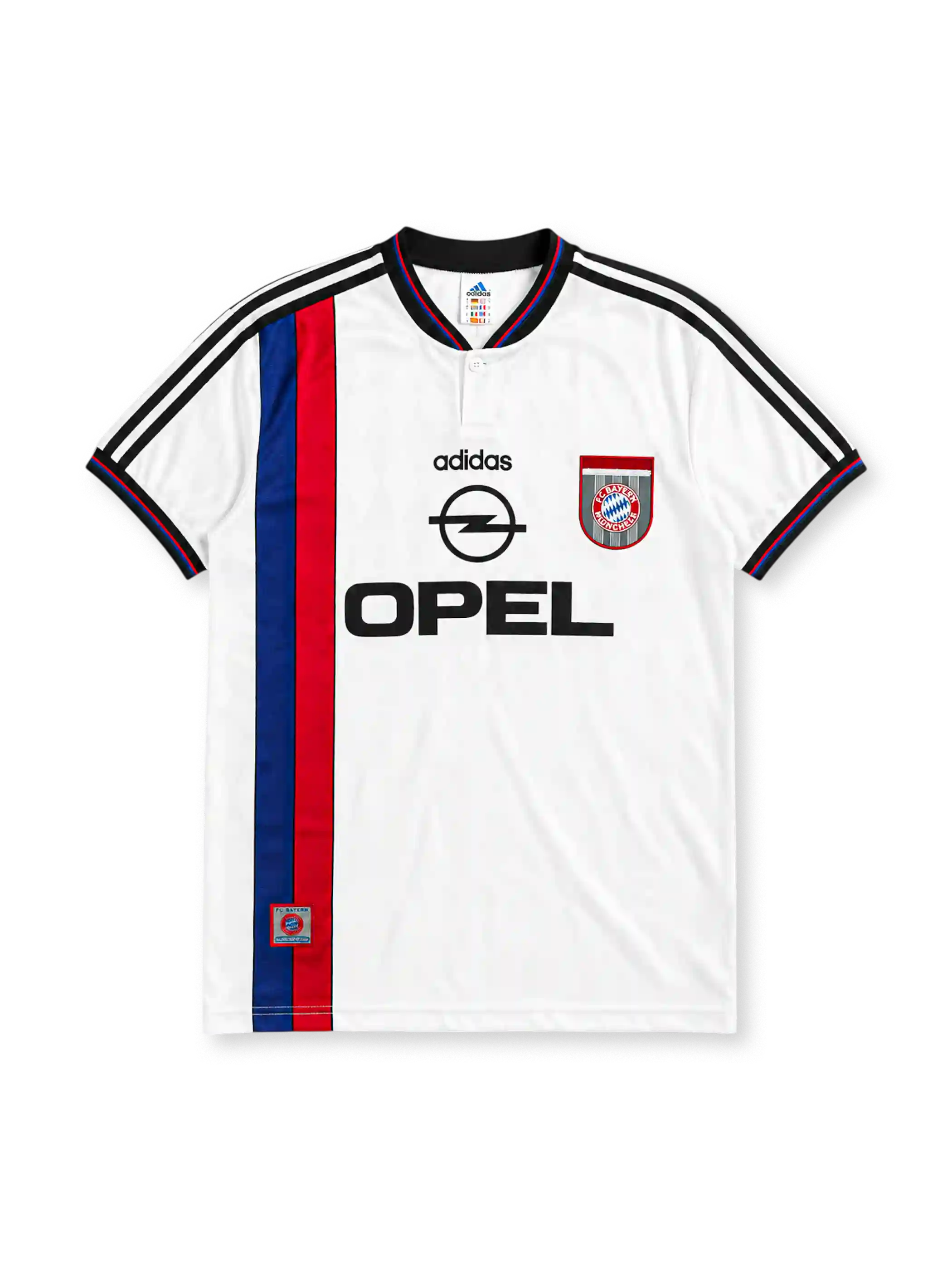 Bayern Munich 1996-98 away jersey, front view, white body with blue and red vertical stripe, black adidas three-stripe shoulder detailing, V-neck collar, adidas logo, club crest, Opel sponsor logo
