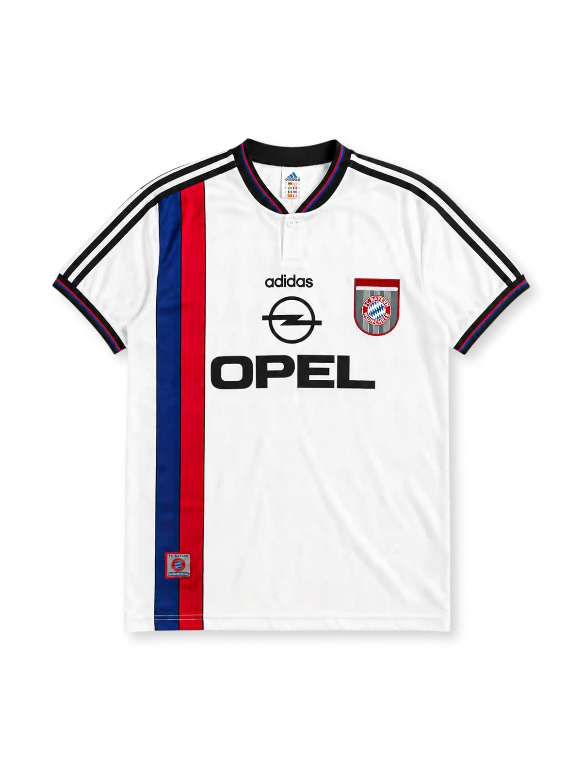 Bayern Munich 1996-98 away jersey, front view, white body with blue and red vertical stripe, black adidas three-stripe shoulder detailing, V-neck collar, adidas logo, club crest, Opel sponsor logo