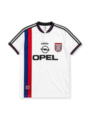 Bayern Munich 1996-98 away jersey, front view, white body with blue and red vertical stripe, black adidas three-stripe shoulder detailing, V-neck collar, adidas logo, club crest, Opel sponsor logo