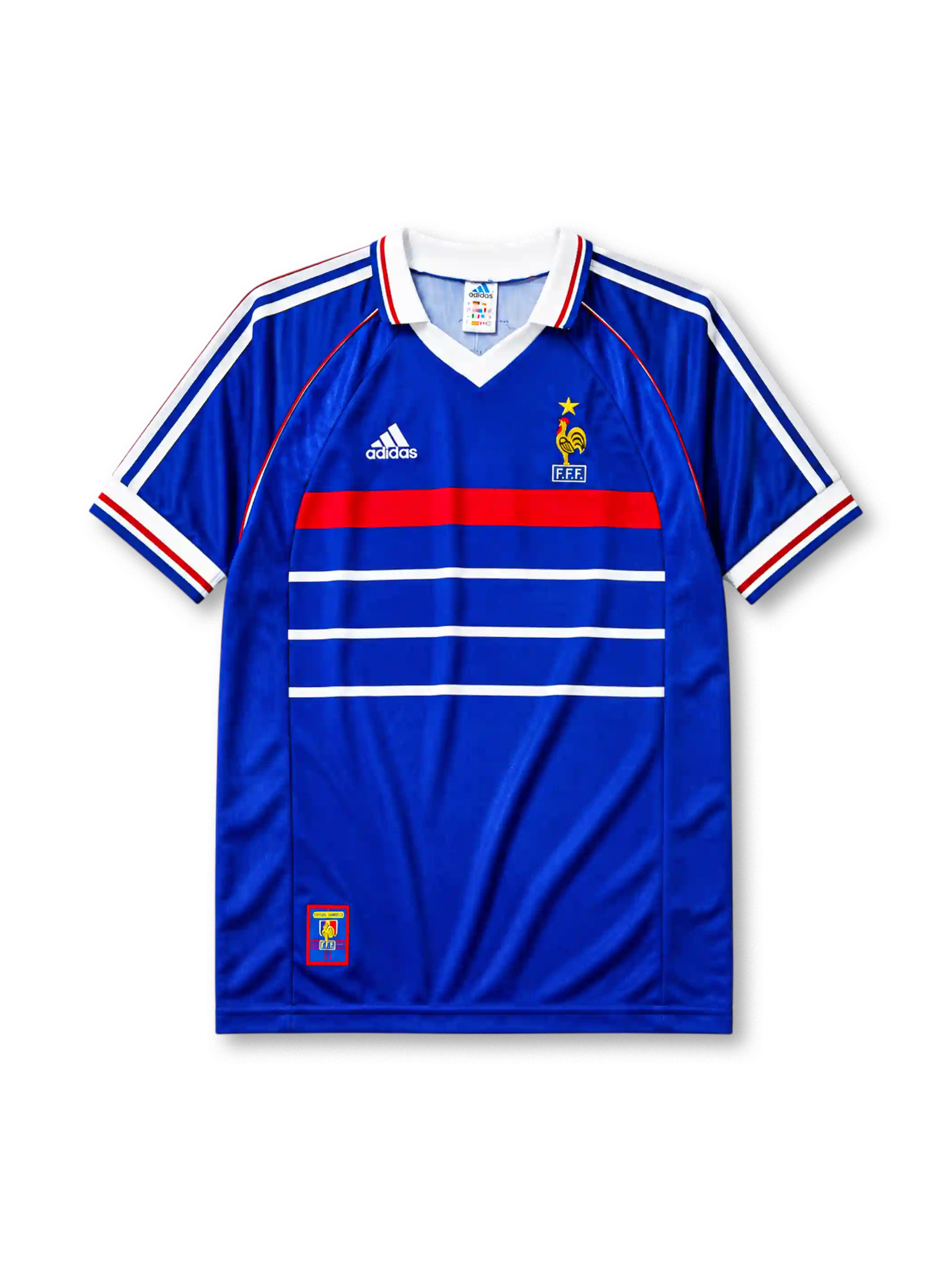 France 1998 home jersey, front view, blue body with red band and white chest stripes, white adidas three-stripe shoulder detailing, point collar, adidas logo, rooster crest with gold star