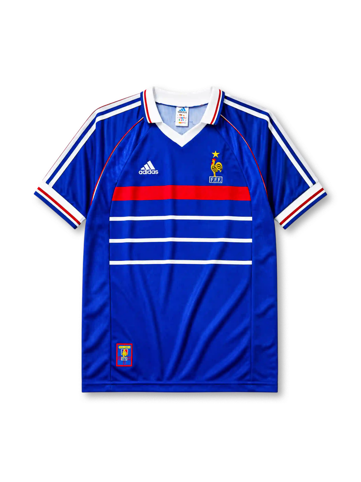 France 1998 home jersey, front view, blue body with red band and white chest stripes, white adidas three-stripe shoulder detailing, point collar, adidas logo, rooster crest with gold star