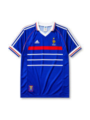France 1998 home jersey, front view, blue body with red band and white chest stripes, white adidas three-stripe shoulder detailing, point collar, adidas logo, rooster crest with gold star