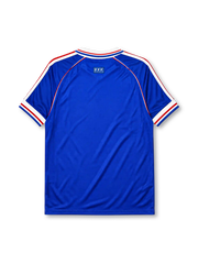 France 1998 home jersey, front view, blue body with red band and white chest stripes, white adidas three-stripe shoulder detailing, point collar, adidas logo, rooster crest with gold star