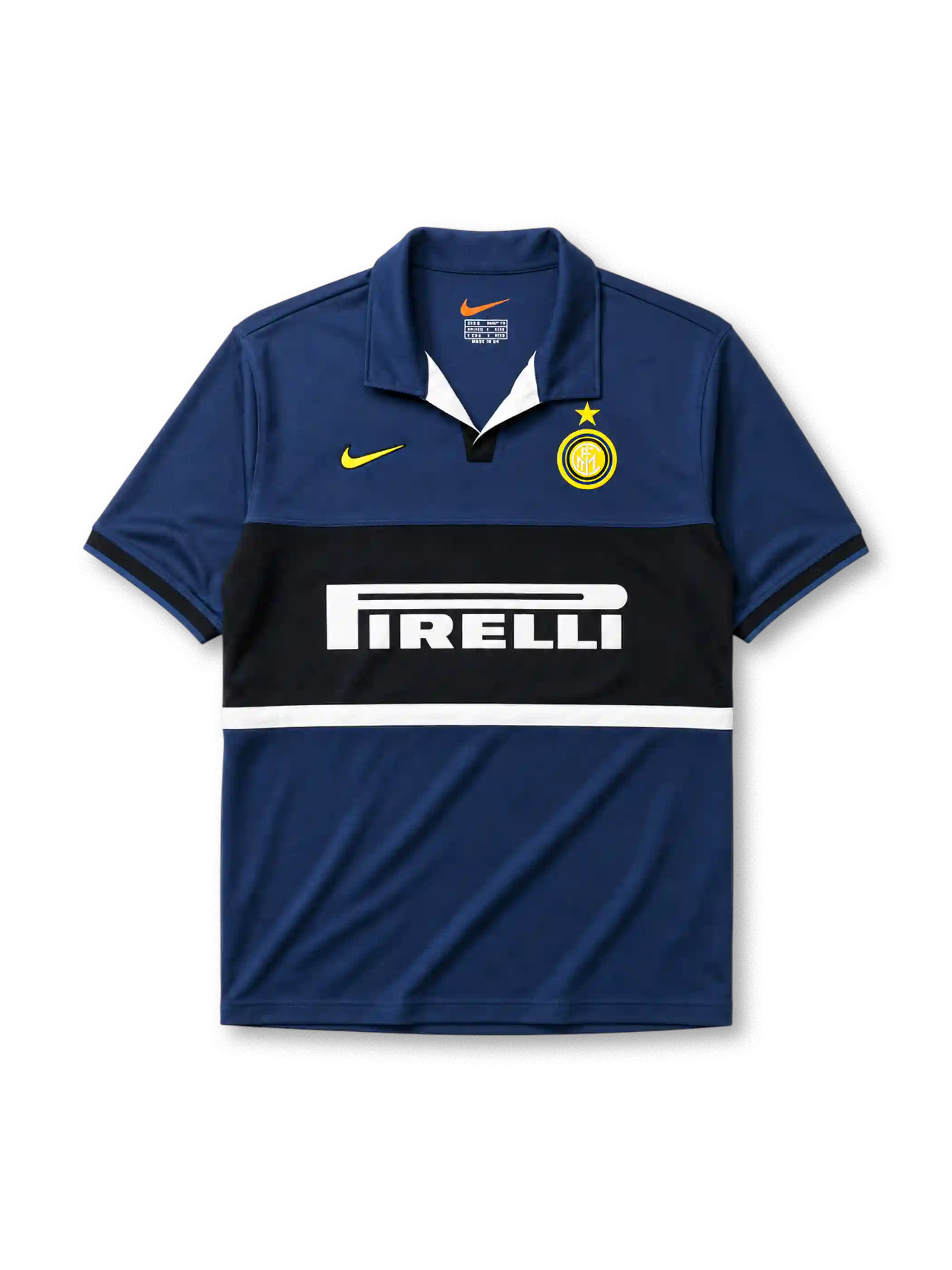 Inter Milan 1998-99 third jersey, front view, navy body with black and white central band, point collar, Nike swoosh logo, club crest with gold star, Pirelli sponsor logo