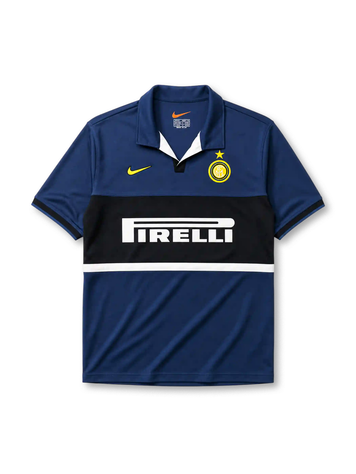 Inter Milan 1998-99 third jersey, front view, navy body with black and white central band, point collar, Nike swoosh logo, club crest with gold star, Pirelli sponsor logo