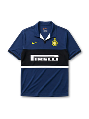 Inter Milan 1998-99 third jersey, front view, navy body with black and white central band, point collar, Nike swoosh logo, club crest with gold star, Pirelli sponsor logo