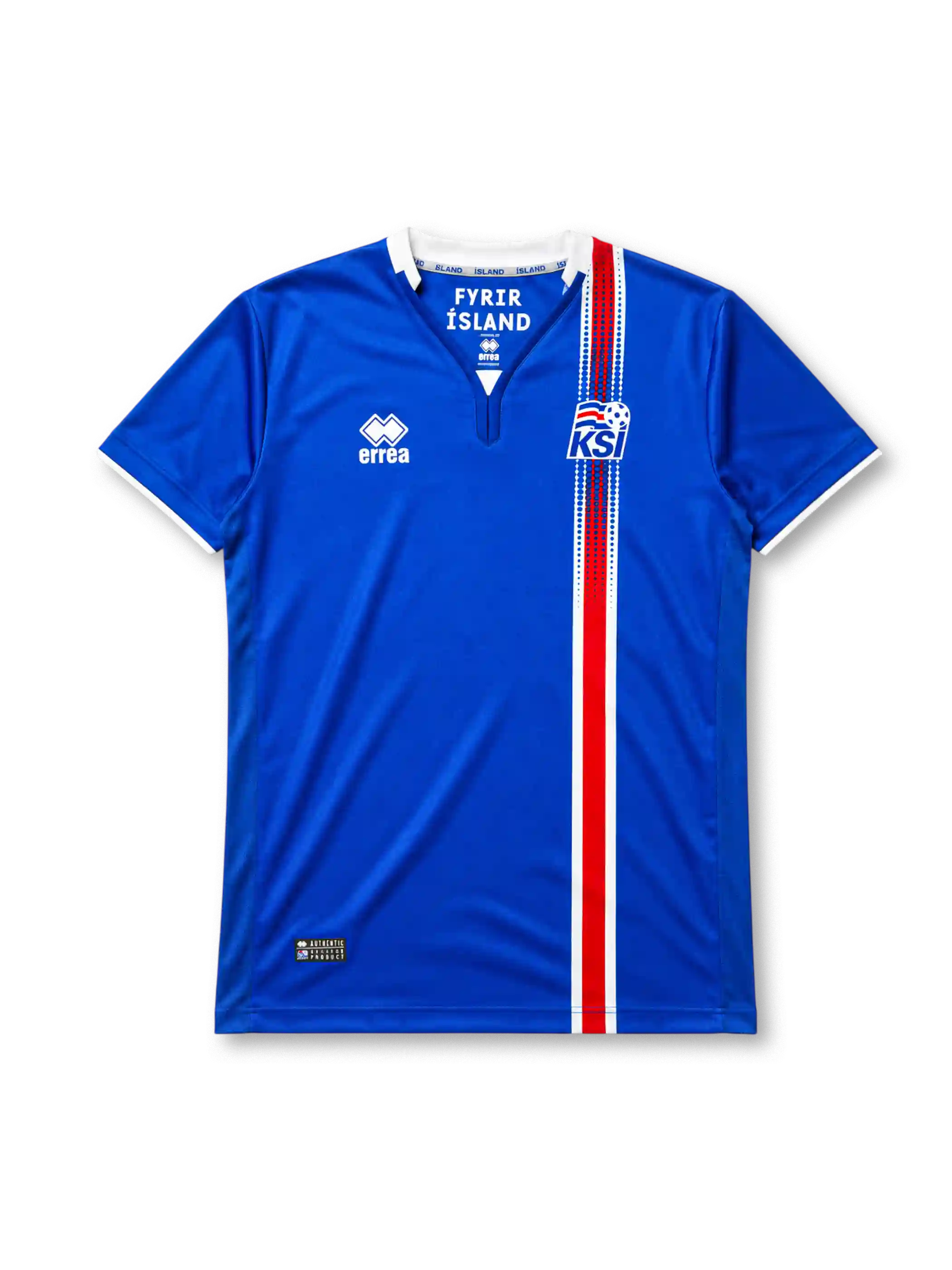 Iceland 2016-17 home jersey, front view, blue body with red white and blue central stripe, white point collar with For Iceland text, Errea logo, KSÍ crest