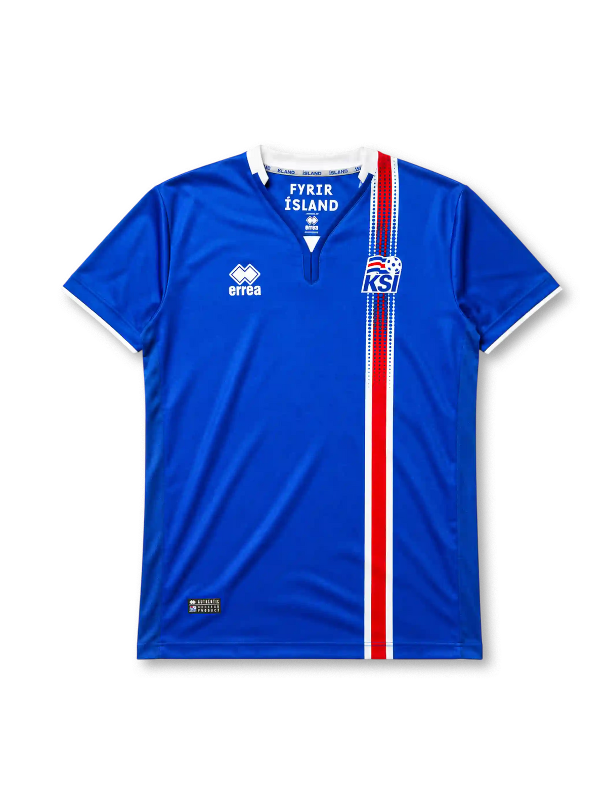 Iceland 2016-17 home jersey, front view, blue body with red white and blue central stripe, white point collar with For Iceland text, Errea logo, KSÍ crest