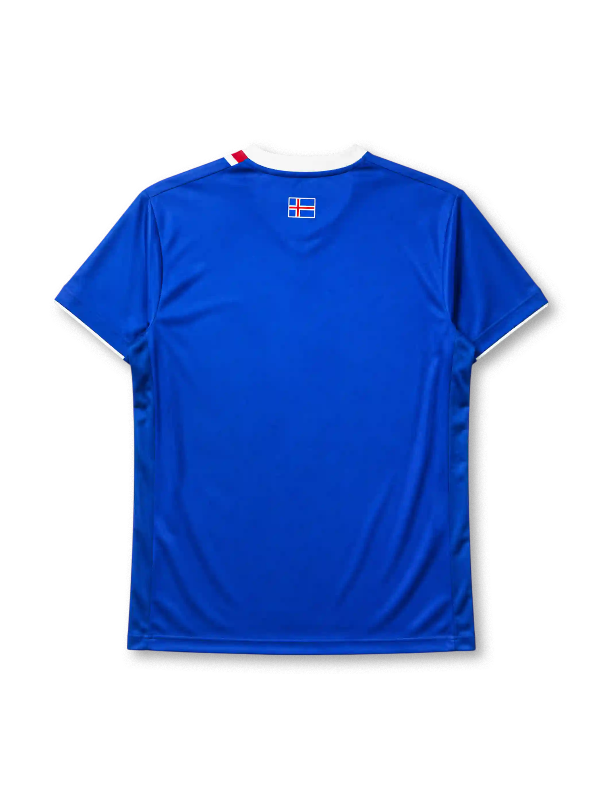 Iceland 2016-17 home jersey, front view, blue body with red white and blue central stripe, white point collar with For Iceland text, Errea logo, KSÍ crest