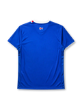 Iceland 2016-17 home jersey, front view, blue body with red white and blue central stripe, white point collar with For Iceland text, Errea logo, KSÍ crest