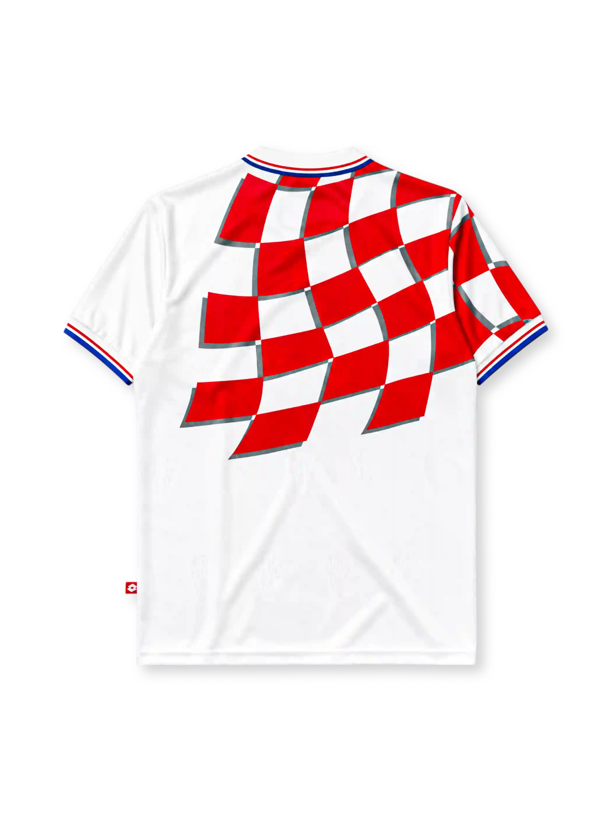 Croatia 1998 home jersey, front view, white body with red and white checkerboard pattern, point collar with red and blue stripes, Lotto wordmark, HNS crest