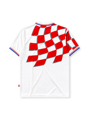 Croatia 1998 home jersey, front view, white body with red and white checkerboard pattern, point collar with red and blue stripes, Lotto wordmark, HNS crest