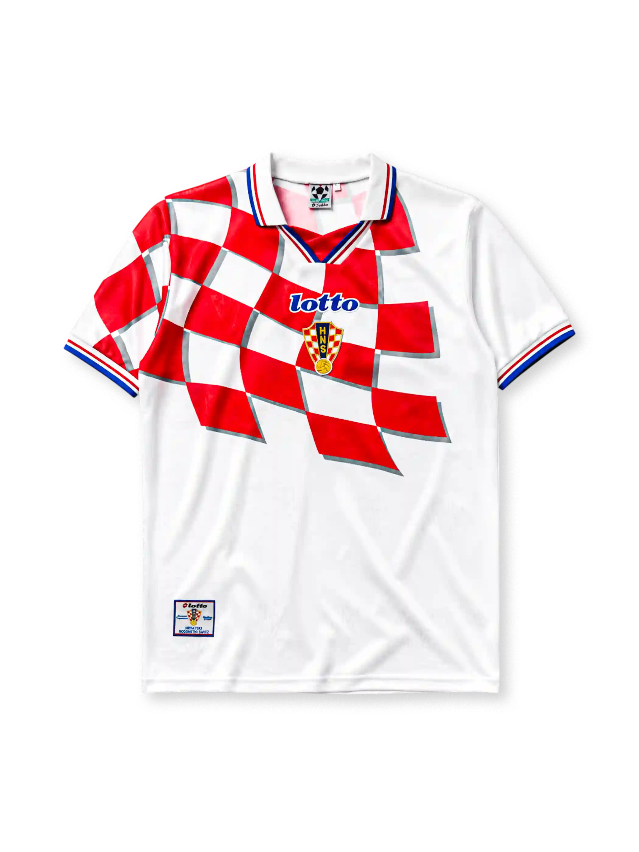 Croatia 1998 home jersey, front view, white body with red and white checkerboard pattern, point collar with red and blue stripes, Lotto wordmark, HNS crest