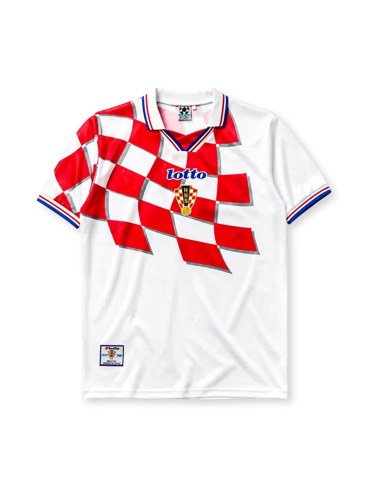 Croatia 1998 home jersey, front view, white body with red and white checkerboard pattern, point collar with red and blue stripes, Lotto wordmark, HNS crest