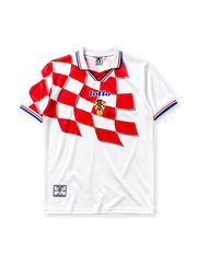 Croatia 1998 home jersey, front view, white body with red and white checkerboard pattern, point collar with red and blue stripes, Lotto wordmark, HNS crest