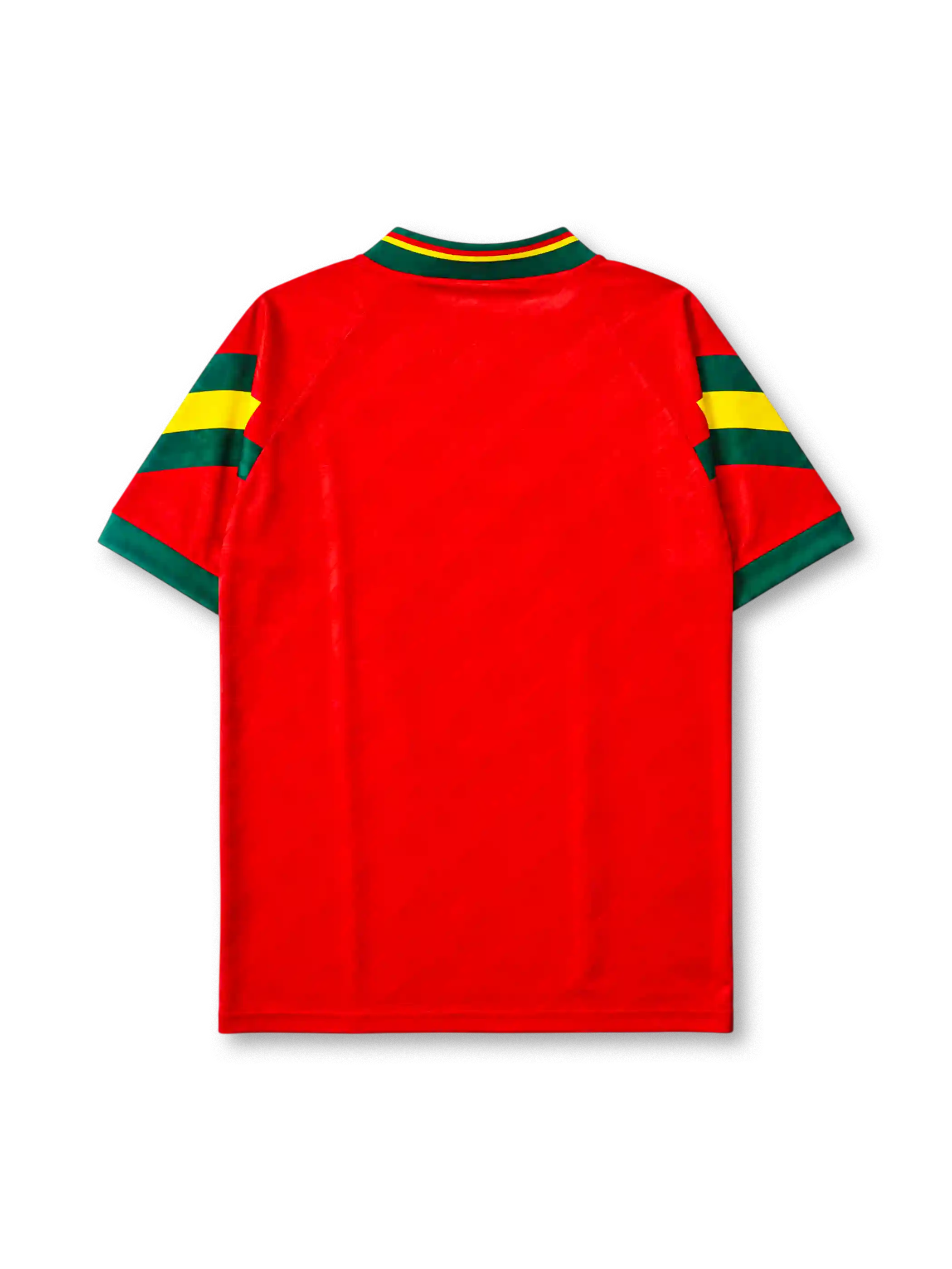 Portugal 1992-94 home jersey, front view, red body with green and yellow sleeve stripes, green V-neck collar with gold script trim, adidas trefoil logo, Portuguese Football Federation crest