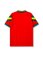 Portugal 1992-94 home jersey, front view, red body with green and yellow sleeve stripes, green V-neck collar with gold script trim, adidas trefoil logo, Portuguese Football Federation crest