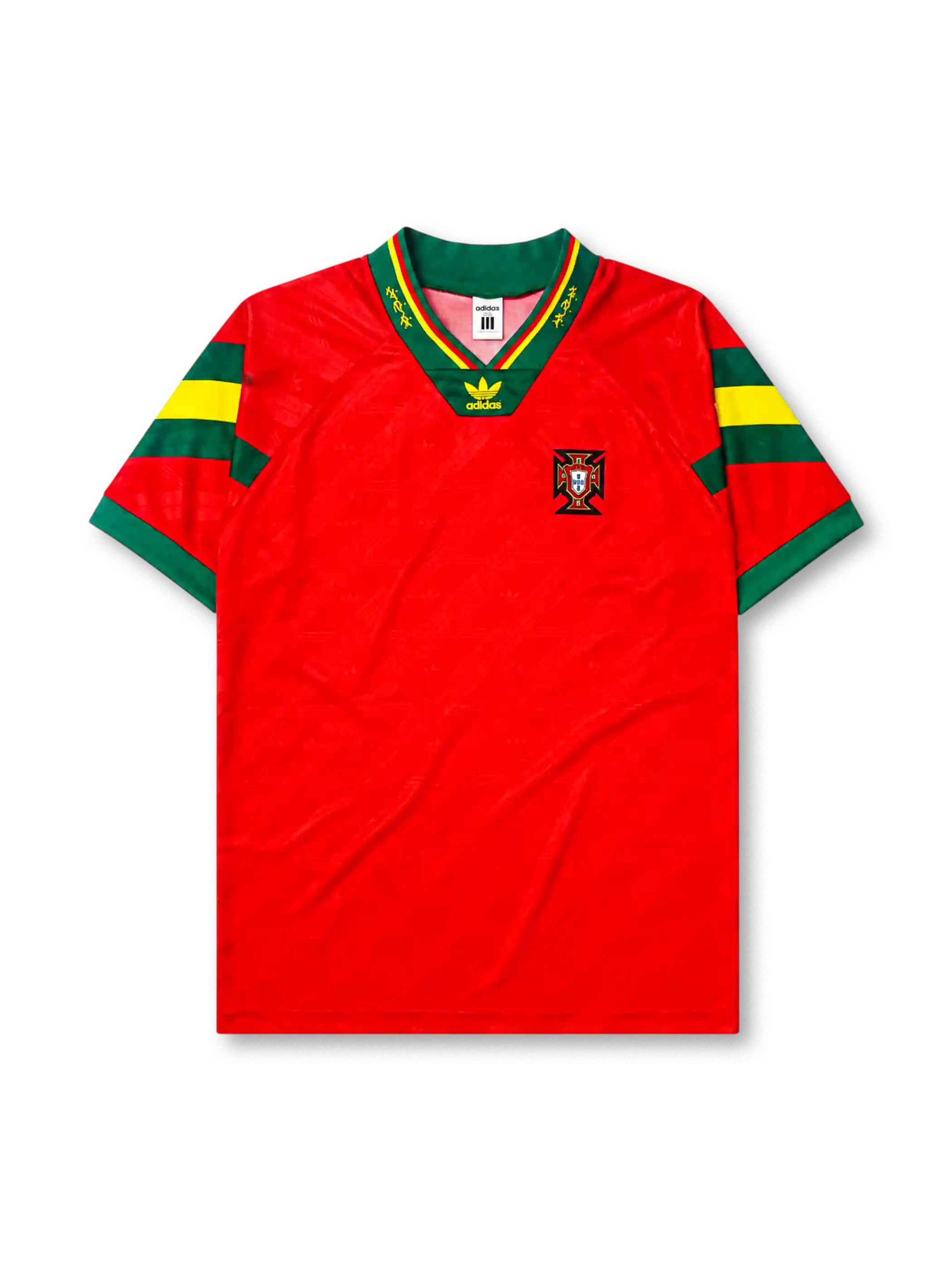 Portugal 1992-94 home jersey, front view, red body with green and yellow sleeve stripes, green V-neck collar with gold script trim, adidas trefoil logo, Portuguese Football Federation crest