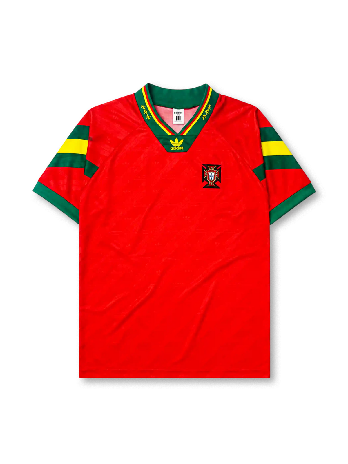 Portugal 1992-94 home jersey, front view, red body with green and yellow sleeve stripes, green V-neck collar with gold script trim, adidas trefoil logo, Portuguese Football Federation crest