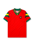 Portugal 1992-94 home jersey, front view, red body with green and yellow sleeve stripes, green V-neck collar with gold script trim, adidas trefoil logo, Portuguese Football Federation crest