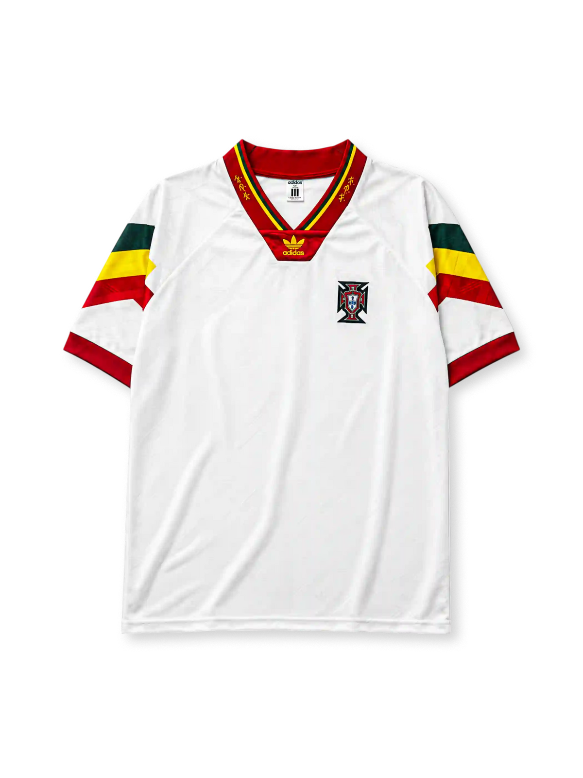 Portugal 1992-94 away jersey, front view, white body with green yellow and red chevron sleeves, red V-neck collar with gold script trim, adidas trefoil logo, Portuguese Football Federation crest