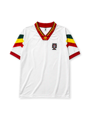Portugal 1992-94 away jersey, front view, white body with green yellow and red chevron sleeves, red V-neck collar with gold script trim, adidas trefoil logo, Portuguese Football Federation crest