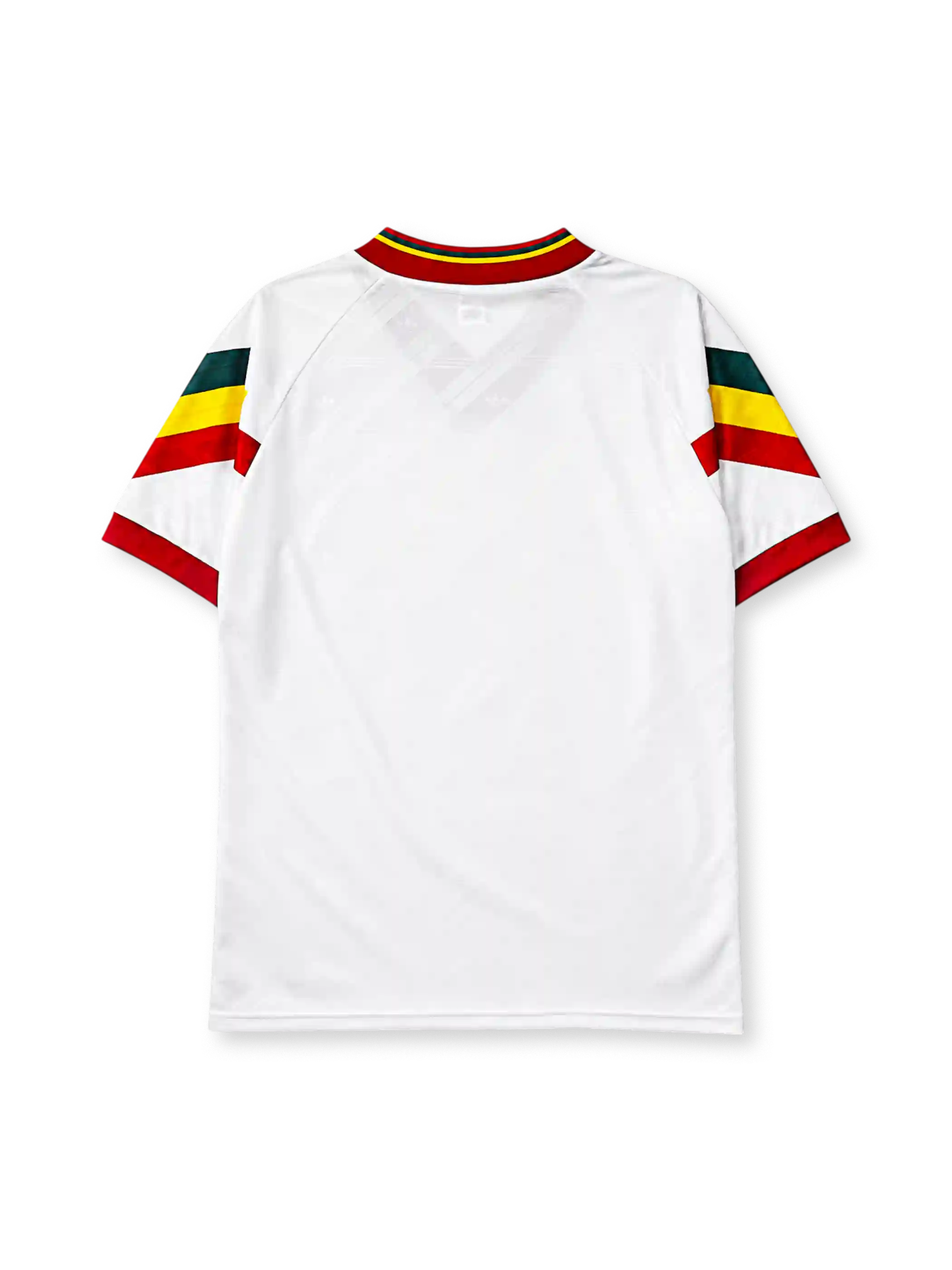 Portugal 1992-94 away jersey, front view, white body with green yellow and red chevron sleeves, red V-neck collar with gold script trim, adidas trefoil logo, Portuguese Football Federation crest