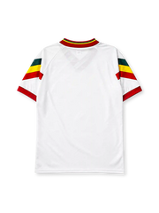 Portugal 1992-94 away jersey, front view, white body with green yellow and red chevron sleeves, red V-neck collar with gold script trim, adidas trefoil logo, Portuguese Football Federation crest