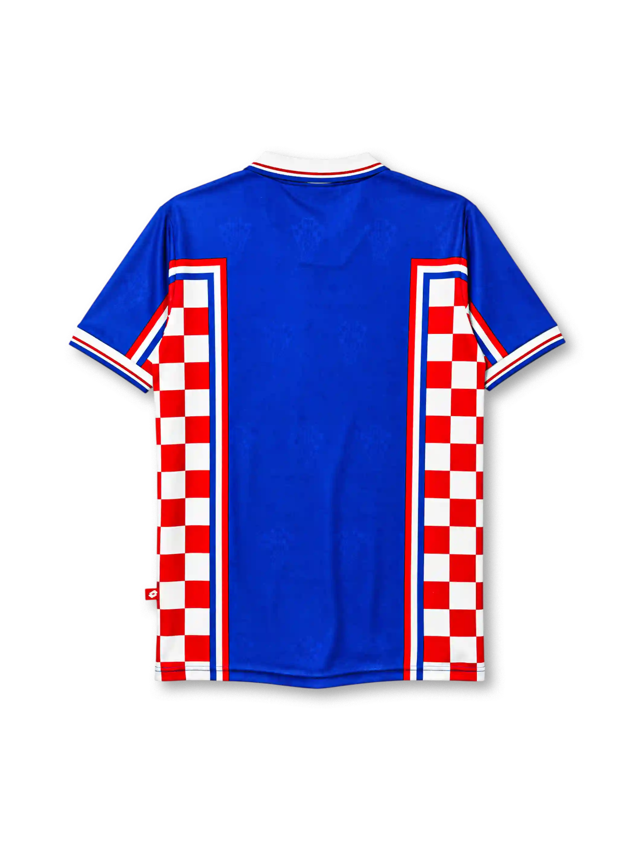 Croatia 1998 away jersey, front view, blue body with red and white checkerboard side panels, point collar with red and blue stripes, Lotto wordmark, HNS crest