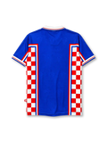 Croatia 1998 away jersey, front view, blue body with red and white checkerboard side panels, point collar with red and blue stripes, Lotto wordmark, HNS crest