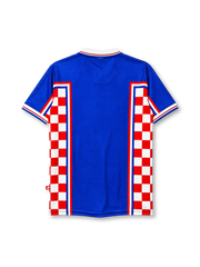 Croatia 1998 away jersey, front view, blue body with red and white checkerboard side panels, point collar with red and blue stripes, Lotto wordmark, HNS crest