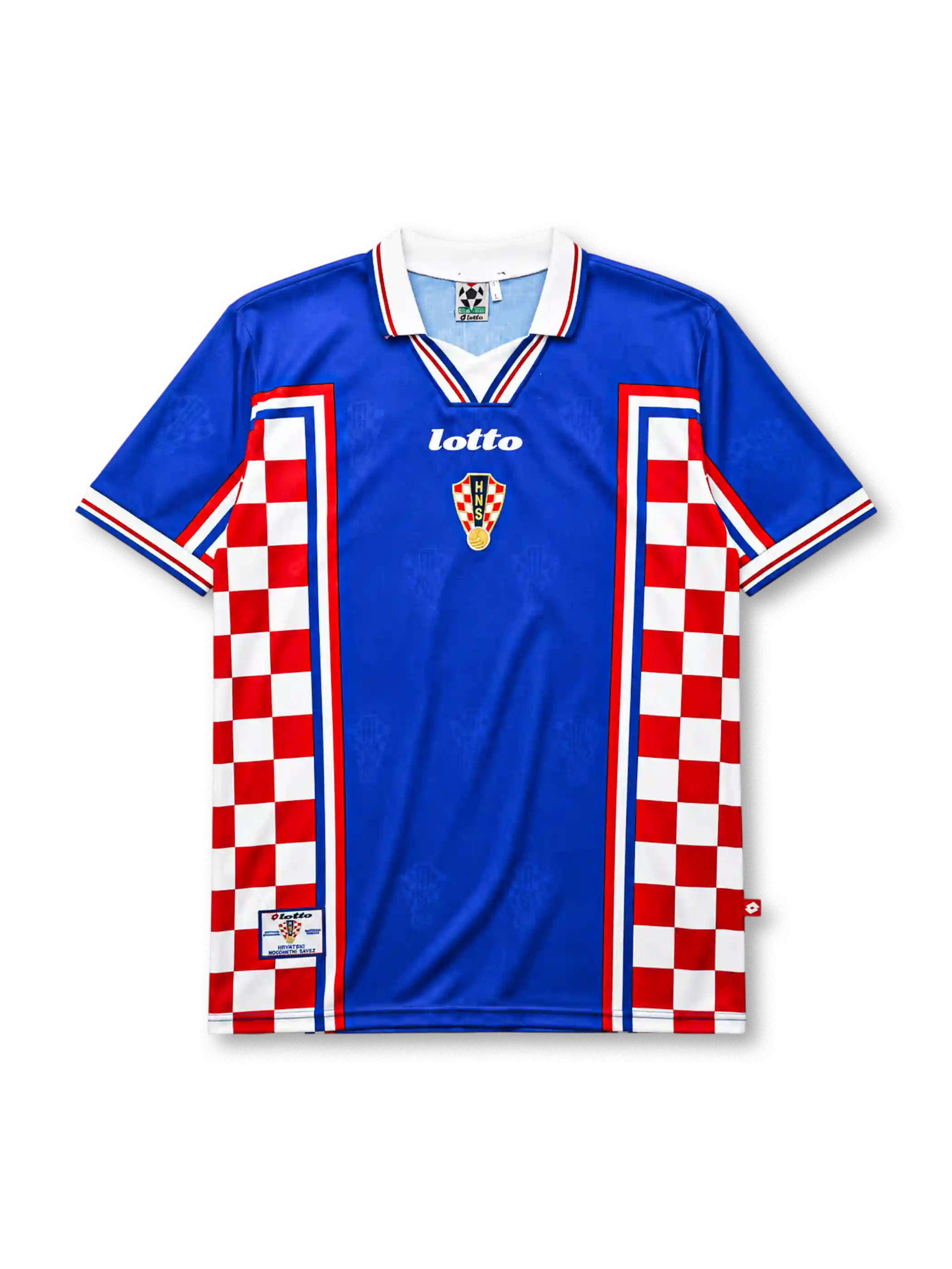 Croatia 1998 away jersey, front view, blue body with red and white checkerboard side panels, point collar with red and blue stripes, Lotto wordmark, HNS crest