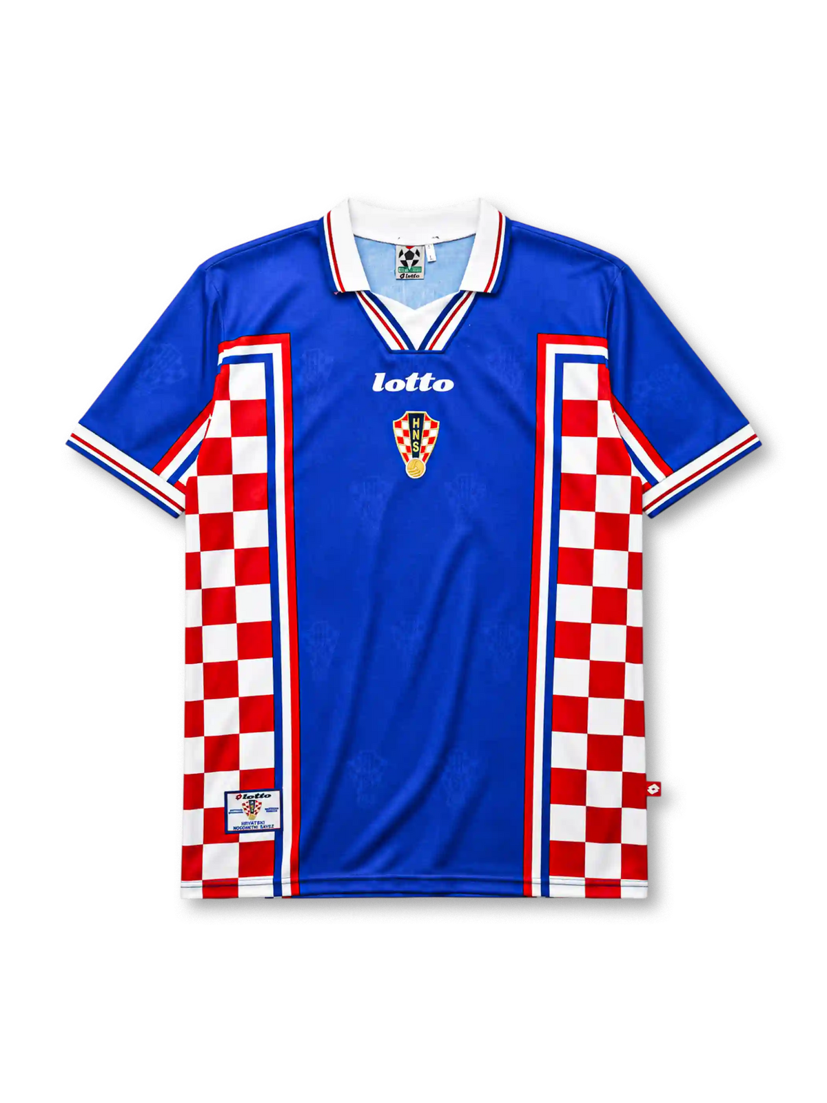 Croatia 1998 away jersey, front view, blue body with red and white checkerboard side panels, point collar with red and blue stripes, Lotto wordmark, HNS crest