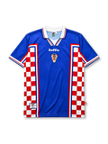 Croatia 1998 away jersey, front view, blue body with red and white checkerboard side panels, point collar with red and blue stripes, Lotto wordmark, HNS crest