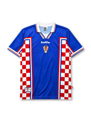 Croatia 1998 away jersey, front view, blue body with red and white checkerboard side panels, point collar with red and blue stripes, Lotto wordmark, HNS crest
