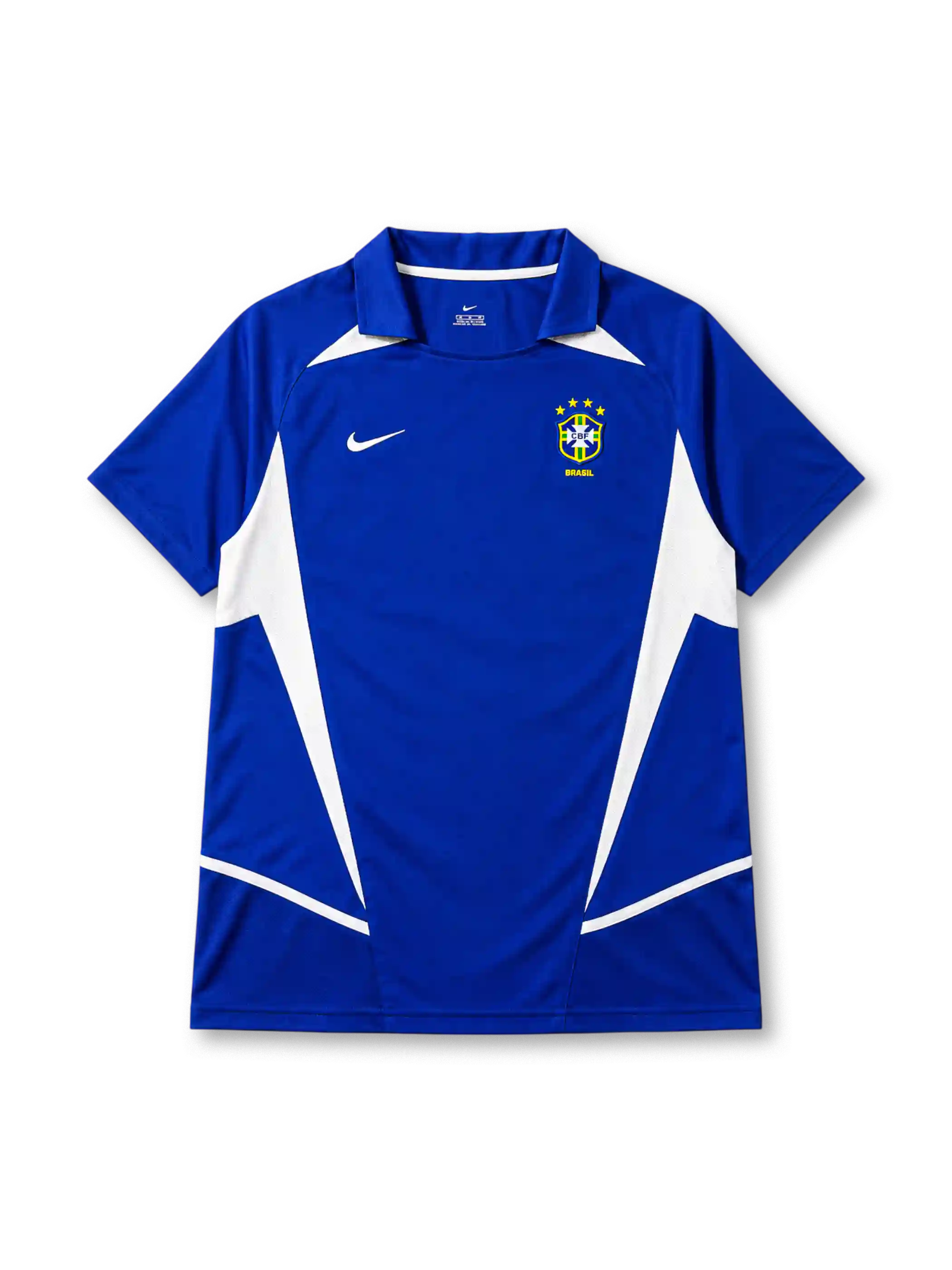 Brazil 2002 away jersey, front view, blue body with white angular side panels, point collar, Nike swoosh logo, CBF crest with four stars, Brasil text