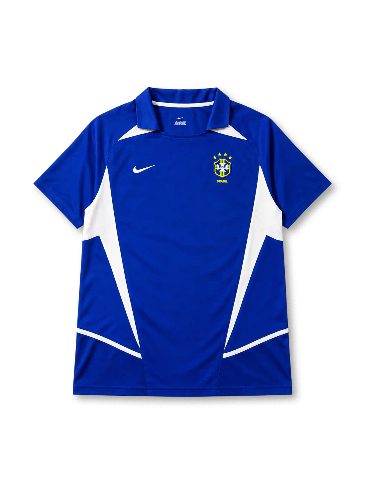 Brazil 2002 away jersey, front view, blue body with white angular side panels, point collar, Nike swoosh logo, CBF crest with four stars, Brasil text