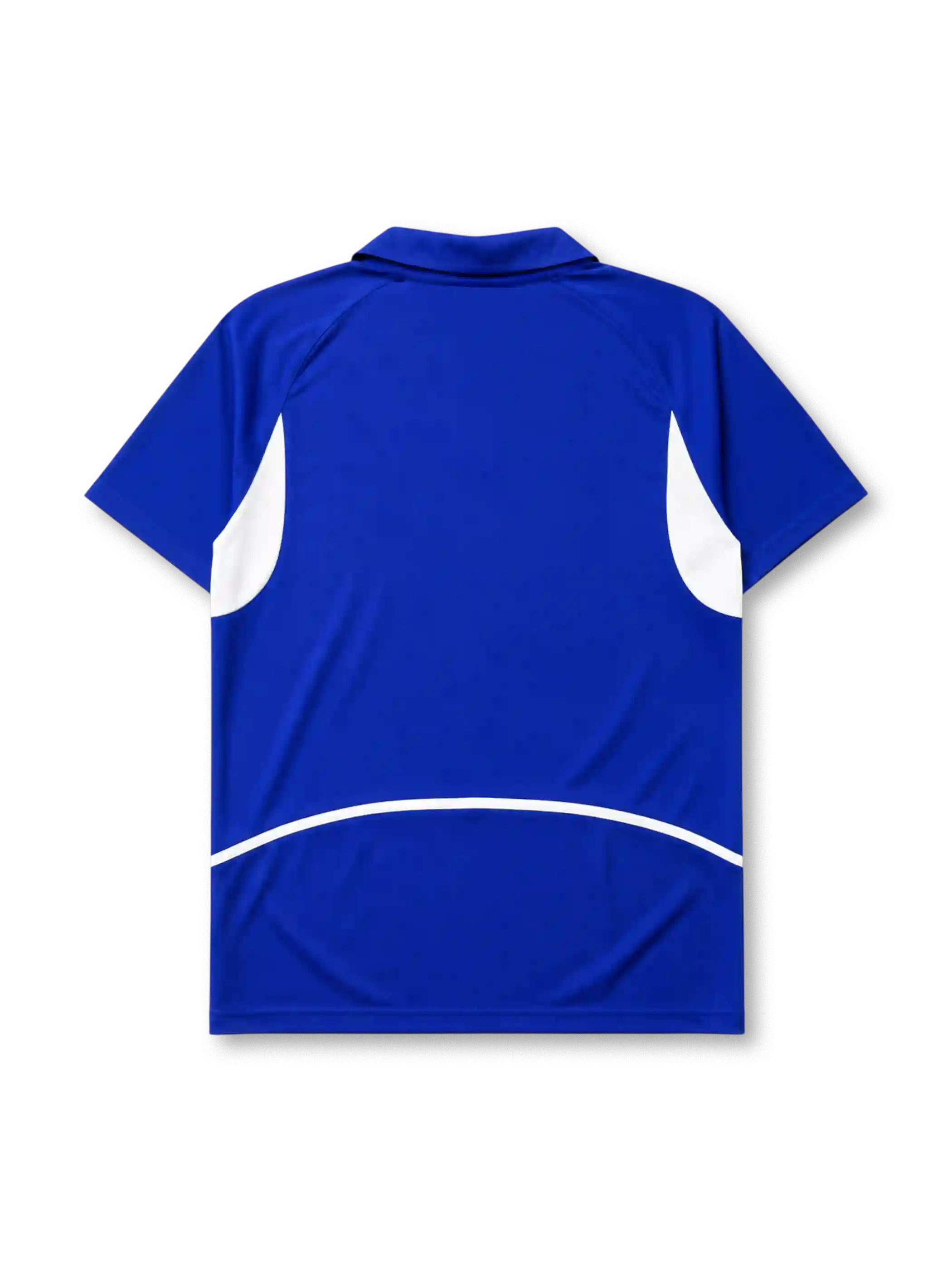 Brazil 2002 away jersey, front view, blue body with white angular side panels, point collar, Nike swoosh logo, CBF crest with four stars, Brasil text