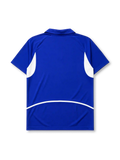 Brazil 2002 away jersey, front view, blue body with white angular side panels, point collar, Nike swoosh logo, CBF crest with four stars, Brasil text