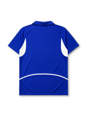 Brazil 2002 away jersey, front view, blue body with white angular side panels, point collar, Nike swoosh logo, CBF crest with four stars, Brasil text