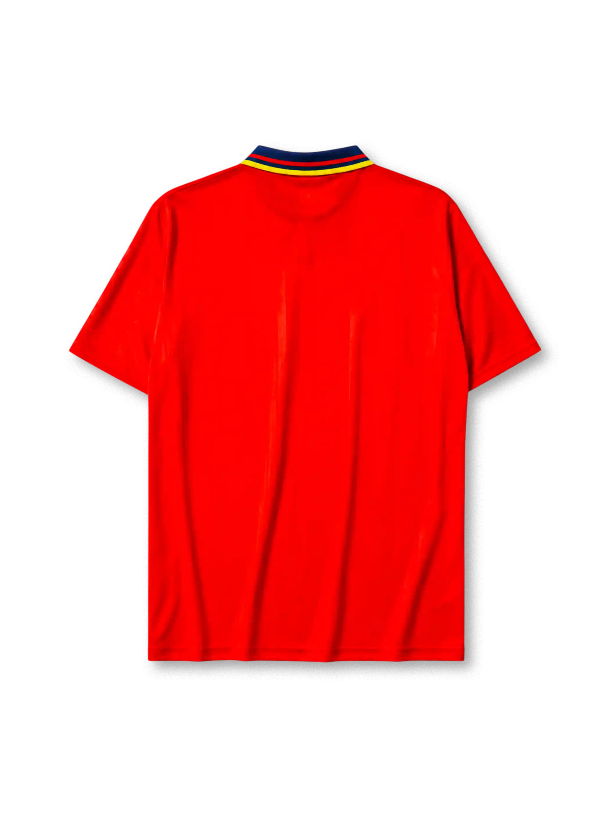 Spain 1994-95 home jersey, front view, red body with yellow and navy diamond pattern, navy point collar with yellow and red stripes, adidas wordmark, Royal Spanish Football Federation crest