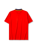 Spain 1994-95 home jersey, front view, red body with yellow and navy diamond pattern, navy point collar with yellow and red stripes, adidas wordmark, Royal Spanish Football Federation crest